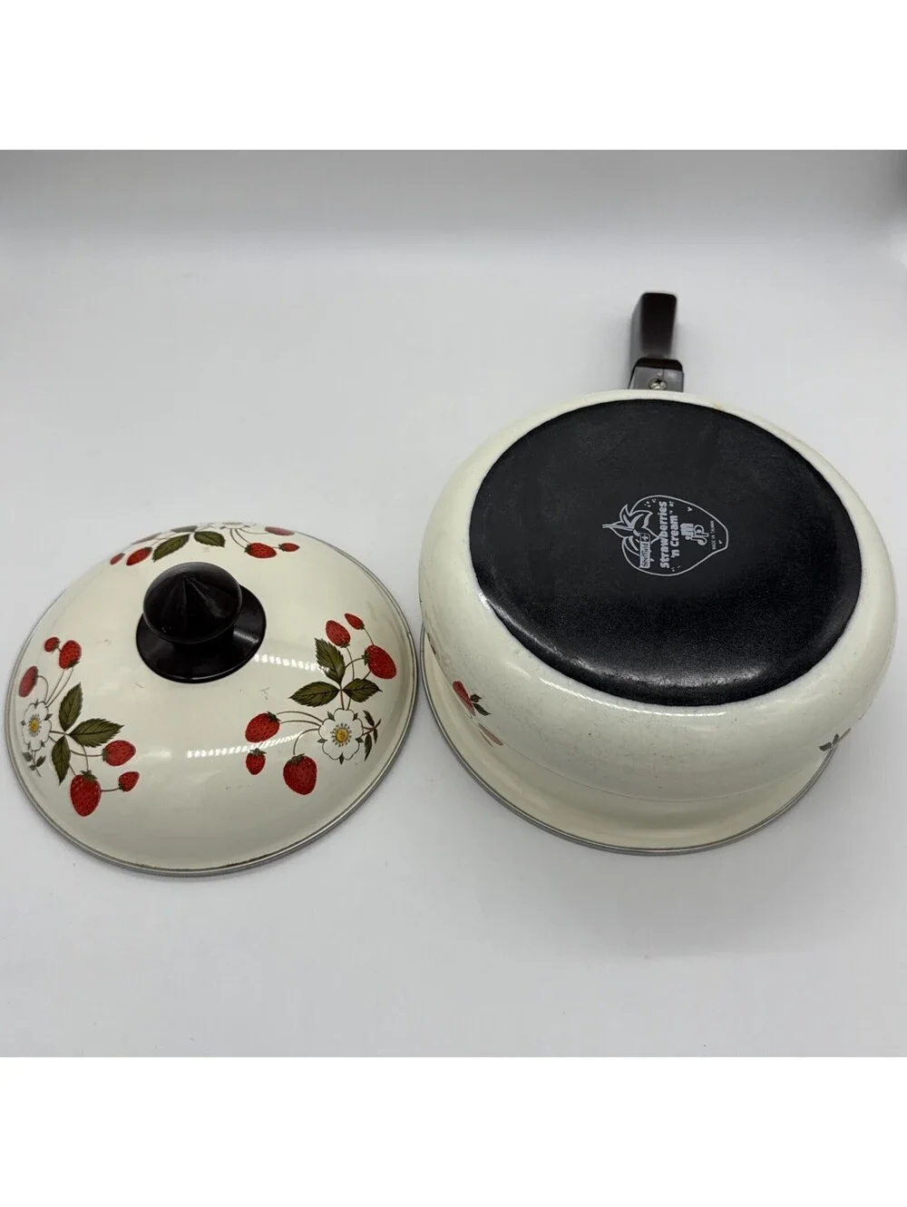 Vintage Enamelware Strawberry Pattern Saucepan Pot with Lid 7.75 Inch Cottage